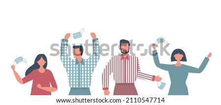 Pandemic end. People excitement. Taking off the masks. Four happy people without face masks. No virus spread. Vector illustration
 