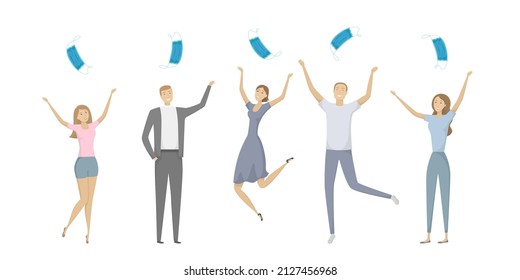 Pandemic ending. Joyful people toss up medical masks. Vector illustration.
