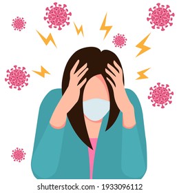 Pandemic Fatigue. A Woman In A Medical Mask Who Clutched Her Head With Both Hands. Covid 19 Causes Headaches, Panic, Fright, And Depression. Stress, Irritation From The Coronavirus, Bad Mood