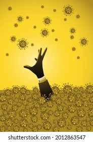 Pandemic and financial crisis concpet. Scared businessman is drowning in a sea of corona ​​viruses (covid-19, virus)