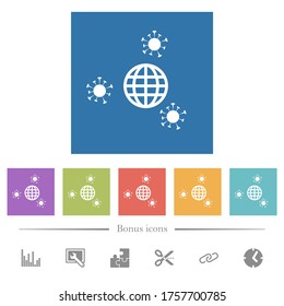 Pandemic flat white icons in square backgrounds. 6 bonus icons included.