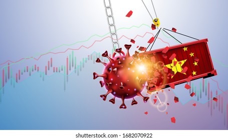 Pandemic and flu outbreak coronavirus or covid effect to China trade and economy and stock market business and financial recession concept. Vector illustration design. Giant virus crash to container.