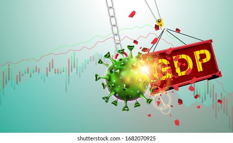 Pandemic and flu outbreak coronavirus or covid-19 effect to GDP trade and economy and stock market business and financial recession concept. Vector illustration design. Giant virus crash to container.