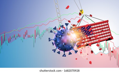 Pandemic and flu outbreak coronavirus or covid-19 effect to USA trade and economy and stock market business and financial recession concept. Vector illustration design. Giant virus crash to container.