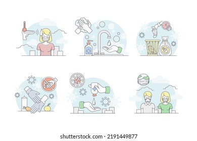 Pandemic with Hand Sanitizing, Temperature Measuring and Mask Wearing Line Vector Set