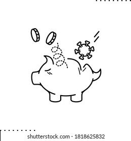 pandemic hit: falling Covid-19 virus and crash piggy bank with coins vector icon in outlines