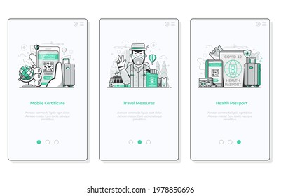 Pandemic immunity application onboarding screens with mobile immunization pass, post covid travel  and international health passport document. Corona prevention measures for travelers.
