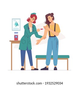 Pandemic infection stop, treatment from flu or influenza, nurse making injection to woman, flat cartoon. Vector healthcare and medicine, immunization and vaccination concept. Doctor injecting lady