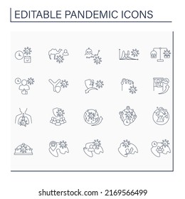 Pandemic line icons set. Worldwide covid19 spread. Global problem. Disease concept. Isolated vector illustrations. Editable stroke