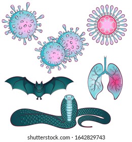 Pandemic medical concept with dangerous cells. Set with viruses and probable carriers of infections bat and snake. Vector illustration. Stop coronavirus. Danger and public health risk disease and flu 