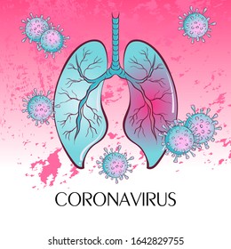 Pandemic medical concept with dangerous cells. The virus enters the human lungs. Vector illustration. Stop coronavirus. Danger and public health risk disease and flu outbreak. 