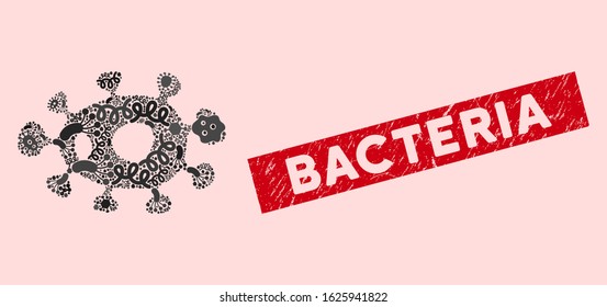 Pandemic mosaic bacteria icon and rectangle rubber stamp seal with Bacteria text. Mosaic vector is formed from bacteria pictogram and with random infectious symbols.