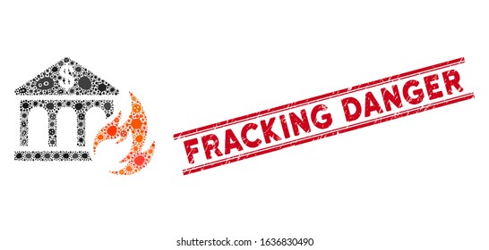 Pandemic Mosaic Bank Fire Disaster Icon And Red Fracking Danger Rubber Print Between Double Parallel Lines. Mosaic Vector Is Formed With Bank Fire Disaster Icon And With Scattered Bacillus Objects.