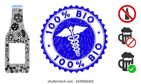 Pandemic mosaic beer bottle icon and rounded corroded stamp seal with 100% Bio caption and serpents icon. Mosaic vector is designed with beer bottle icon and with randomized bacterium symbols.
