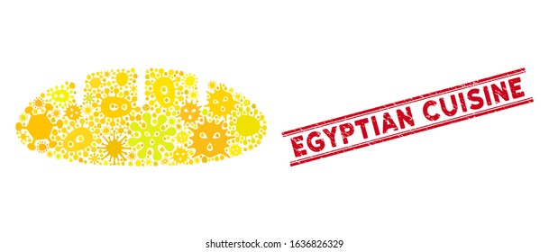 Pandemic mosaic bread icon and red Egyptian Cuisine seal between double parallel lines. Mosaic vector is designed with bread pictogram and with randomized bacteria items.