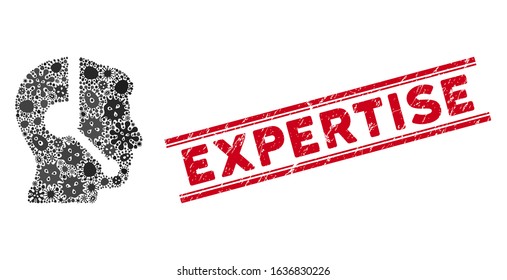 Pandemic mosaic call center operator icon and red Expertise stamp between double parallel lines. Mosaic vector is composed with call center operator icon and with random contagious icons.