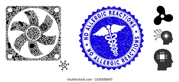 Pandemic mosaic computer cooler icon and rounded grunge stamp seal with No Allergic Reactions phrase and healthcare icon.