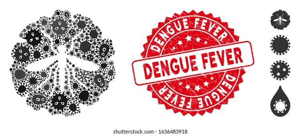 Pandemic mosaic dengue fever virus icon and rounded grunge stamp seal with Dengue Fever phrase. Mosaic vector is designed from dengue fever virus icon and with random infection icons.