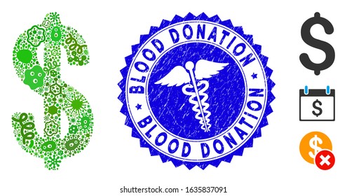 Pandemic mosaic dollar icon and rounded grunge stamp seal with Blood Donation text and medic sign. Mosaic vector is created from dollar icon and with randomized microorganism items.