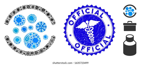 Pandemic mosaic full icon and rounded rubber stamp watermark with Official caption and health care icon. Mosaic vector is created with full icon and with random infection objects.