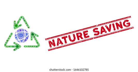 Pandemic mosaic global recycling icon and red Nature Saving seal stamp between double parallel lines. Mosaic vector is composed from global recycling icon and with randomized infection icons.