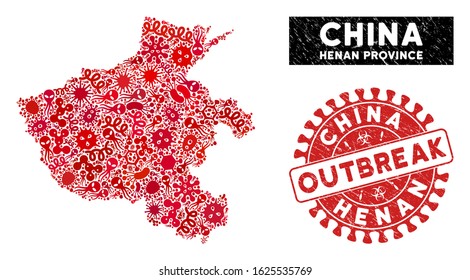 Pandemic mosaic Henan Province map and red grunge stamp seal with OUTBREAK caption. Henan Province map collage designed with scattered epidemic items.