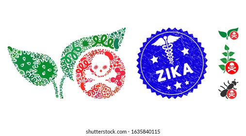 Pandemic Mosaic Herbicide Icon And Rounded Corroded Stamp Seal With Zika Text And Medical Icon. Mosaic Vector Is Composed With Herbicide Icon And With Random Contagious Icons.