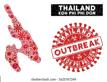 Pandemic mosaic Koh Phi Don map and red corroded stamp seal with OUTBREAK badge. Koh Phi Don map collage constructed with randomized contagion items.