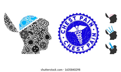 Pandemic mosaic open brain icon and rounded grunge stamp watermark with Chest Pain phrase and medic sign. Mosaic vector is formed with open brain icon and with randomized epidemic elements.