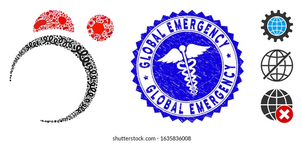 Pandemic mosaic planet system icon and round rubber stamp seal with Global Emergency caption and health care sign.
