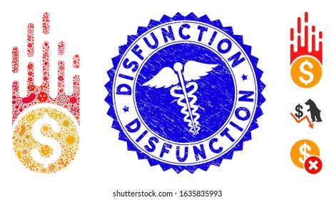 Pandemic mosaic rush falling dollar icon and round rubber stamp seal with Disfunction phrase and medic icon.