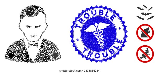 Pandemic mosaic vampire icon and rounded distressed stamp seal with Trouble phrase and medicine sign. Mosaic vector is composed with vampire icon and with randomized contagion symbols.