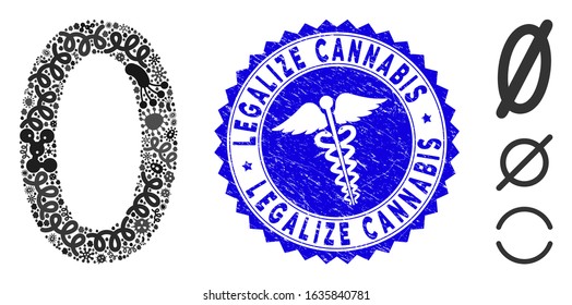 Pandemic mosaic zero digit icon and rounded grunge stamp watermark with Legalize Cannabis phrase and serpents sign. Mosaic vector is formed with zero digit icon and with random pandemic items.