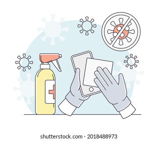 Pandemic with Object Sanitizing as Safety Measure Line Vector Illustration