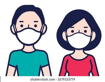 Pandemic outbreak. Coronavirus disease public awareness. Man and woman in protective surgical face mask. Female and male are protect against coronavirus (Covid-19) - vector character