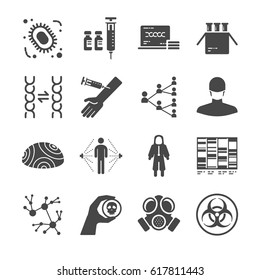 Pandemic and outbreak Plague icon set. Included the icons as vaccine, suit, chromosome, danger and more.