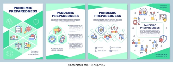 Pandemic preparedness green brochure template. Leaflet design with linear icons. Editable 4 vector layouts for presentation, annual reports. Arial-Black, Myriad Pro-Regular fonts used