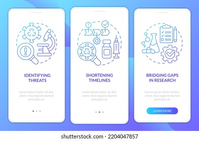 Pandemic preparedness plan blue gradient onboarding mobile app screen. Walkthrough 3 steps graphic instructions with linear concepts. UI, UX, GUI template. Myriad Pro-Bold, Regular fonts used