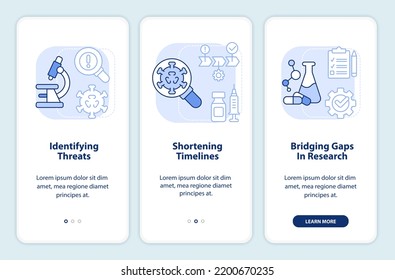 Pandemic preparedness plan light blue onboarding mobile app screen. Walkthrough 3 steps editable graphic instructions with linear concepts. UI, UX, GUI template. Myriad Pro-Bold, Regular fonts used