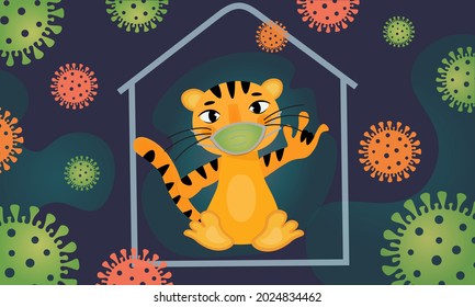 Pandemic, quarantine. A frightened tiger cub in a medical protective mask hid in the house. Cute character in the face of dangerous bacterial environment of coronavirus. Vector banner, poster, flyer.