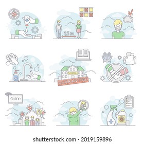 Pandemic with Quarantine, Sanitizing and Social Distancing Line Vector Set