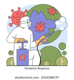 Pandemic Response concept. Dedicated health worker sanitizing the globe, symbolizing global efforts to combat infectious diseases. Vigilance and protection in public health. Flat vector illustration.