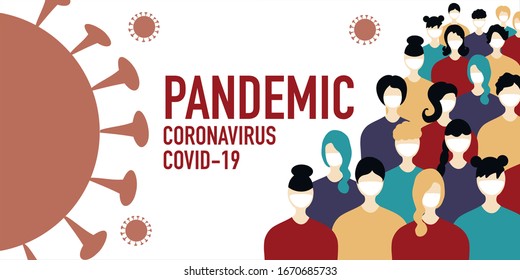 Pandemic sign Coronavirus vector. Covid-19, people in white medical face mask, them attacks the virus. Banner  Coronavirus Pandemic Concept