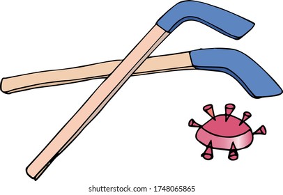  Pandemic Sports. Hockey sticks, virus covid-19, coronovirus