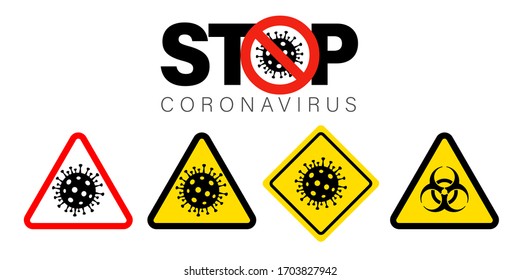 Pandemic stop Coronavirus outbreak covid-19 sign. Travel or vacantion Europe warning with 2019-nCoV symptom and danger biohazard sign. Quarantine vector icons