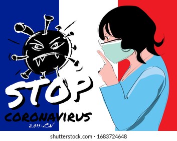 Pandemic Stop. Novel Coronavirus outbreak in France covid-19 2019-nCoV symptoms. Quarantine, self-isolation with protective mouth cap mask. Vector concept illustration. EPS 10