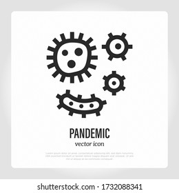 Pandemic. Thin line icon of virus, microorganisms, microbes, coronavirus. Vector illustration.