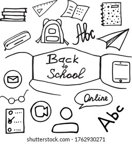 Pandemic time back to school poster with doodles, online education