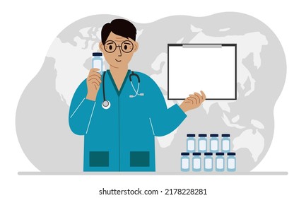 Pandemic, vaccination and health concept. Doctor with a bottle of vaccine. Vector flat illustration.