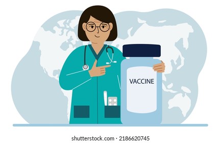 Pandemic, vaccination and health concept. Doctor with a bottle of vaccine.